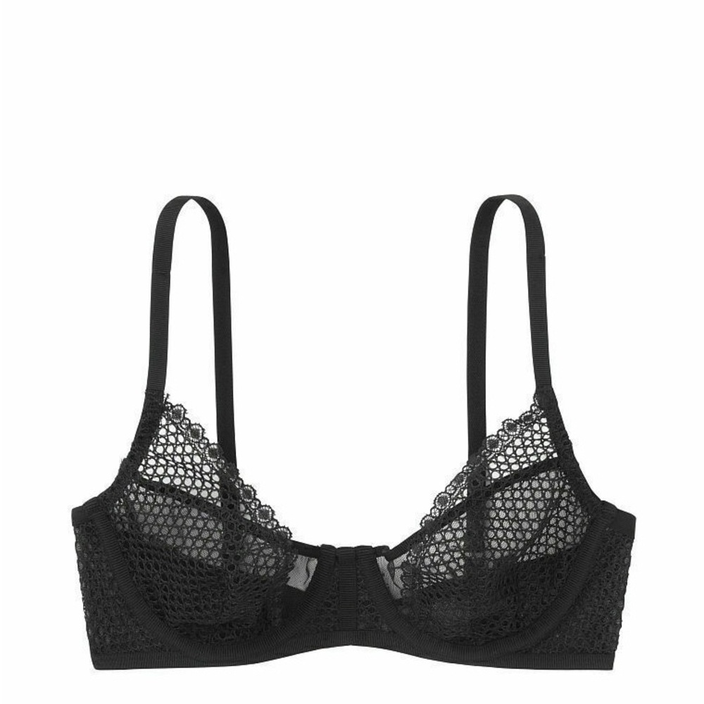 VICTORIA'S SECRET LUXE LINGERIE Unlined Demi Fishnet Mesh Plunge Bra Black 36C - Picture 3 of 14